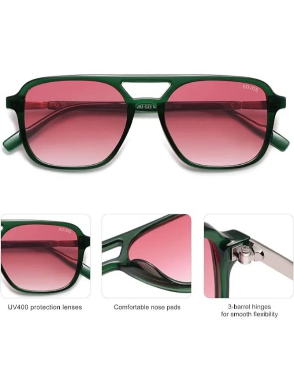 SOJOS Women Aviator Sunglasses Rectangle Sun Glasses Green Frame Pink Lens